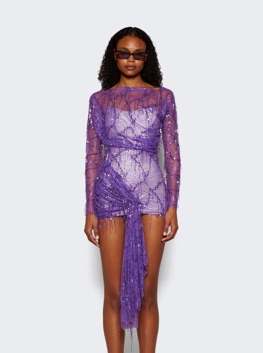 Christopher Esber Encased Beaded Ivy Lace Long Sleeve Mini Dress Grape In Purple