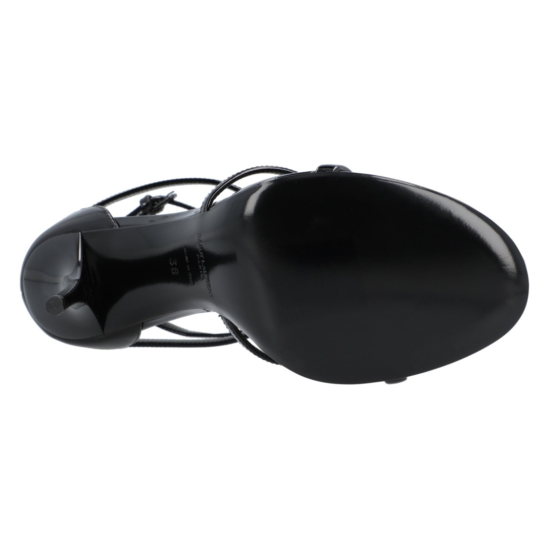 Saint Laurent Cassandra Sandals In Patent Leather With Gold-tone Monogram In Black