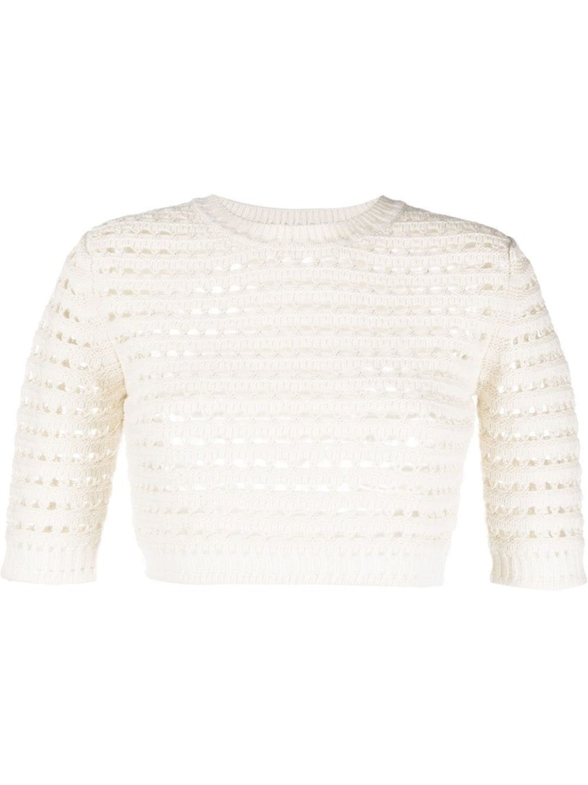 Chloé Textured Knit Cropped Pullover With Round Neckline In White