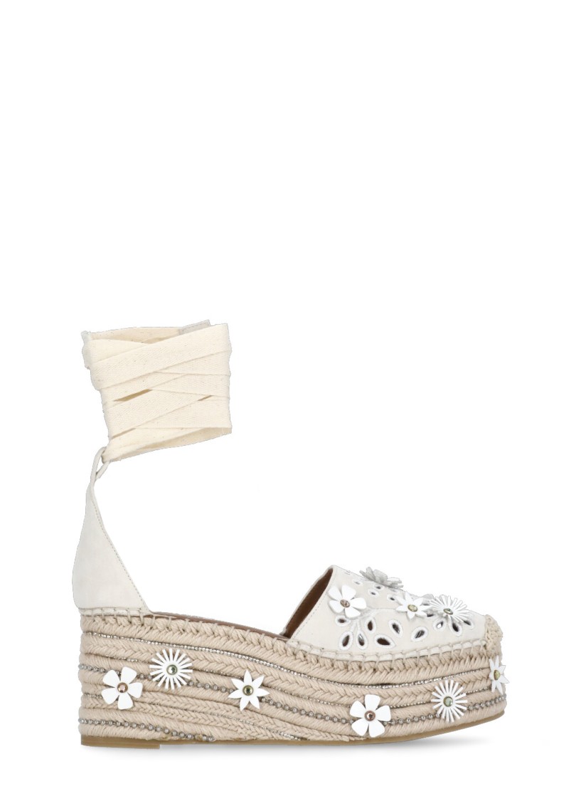 KURT GEIGER KURT GEIGER IVORY SUEDE LEATHER FLOWER WEDGES