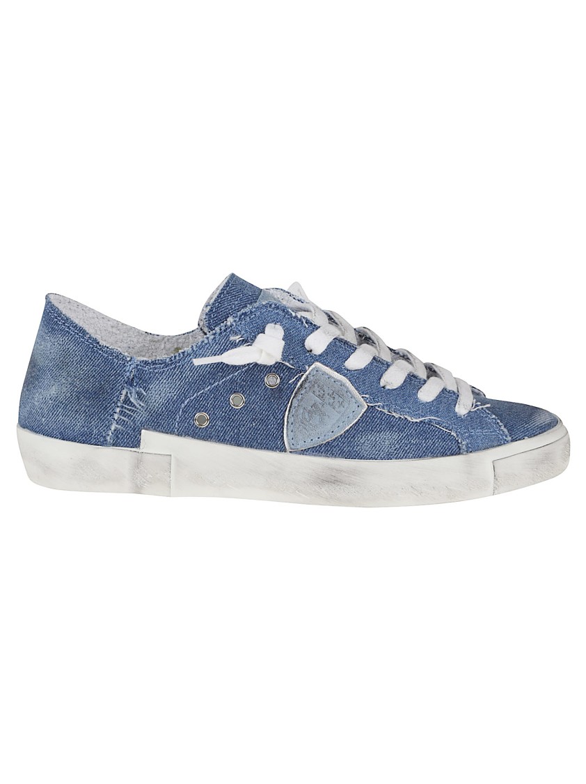 Philippe Model Denim-texture Low-top Sneakers With Distressed Finish