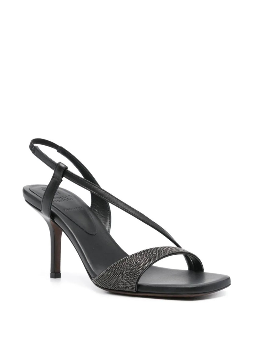 サンダル・ミュール Brunello Cucinelli Black Leather Sandals With Textured Band Brunello Cucinelli Black Leather Sandals With Textured Band
