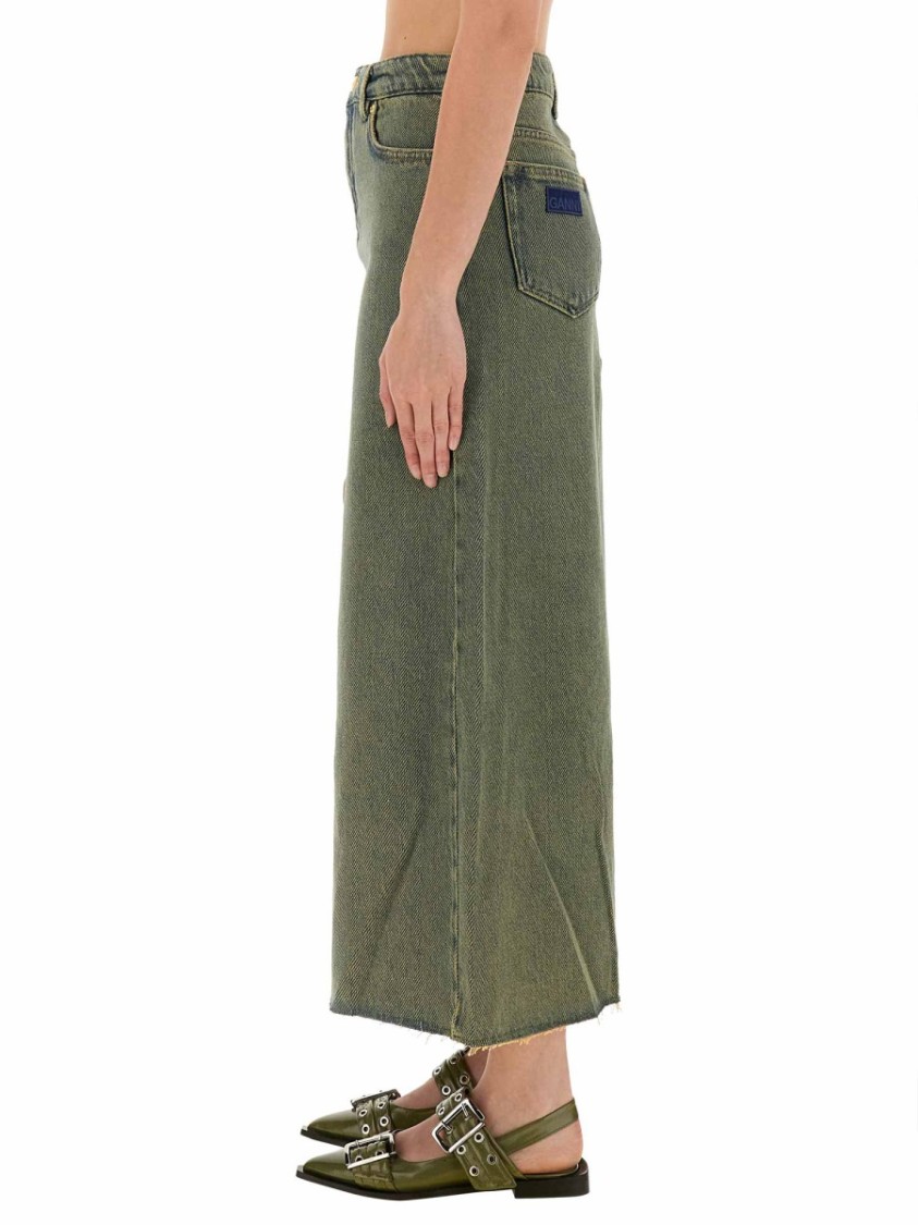 Ganni Maxi Grey Skirts With Slit At The Front In Denim Woman In Blue