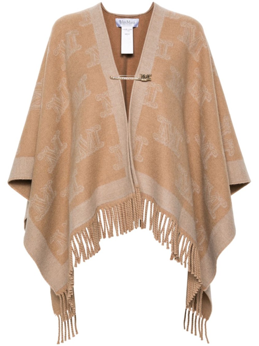 Max Mara Monogram-pattern Wool Poncho In Brown