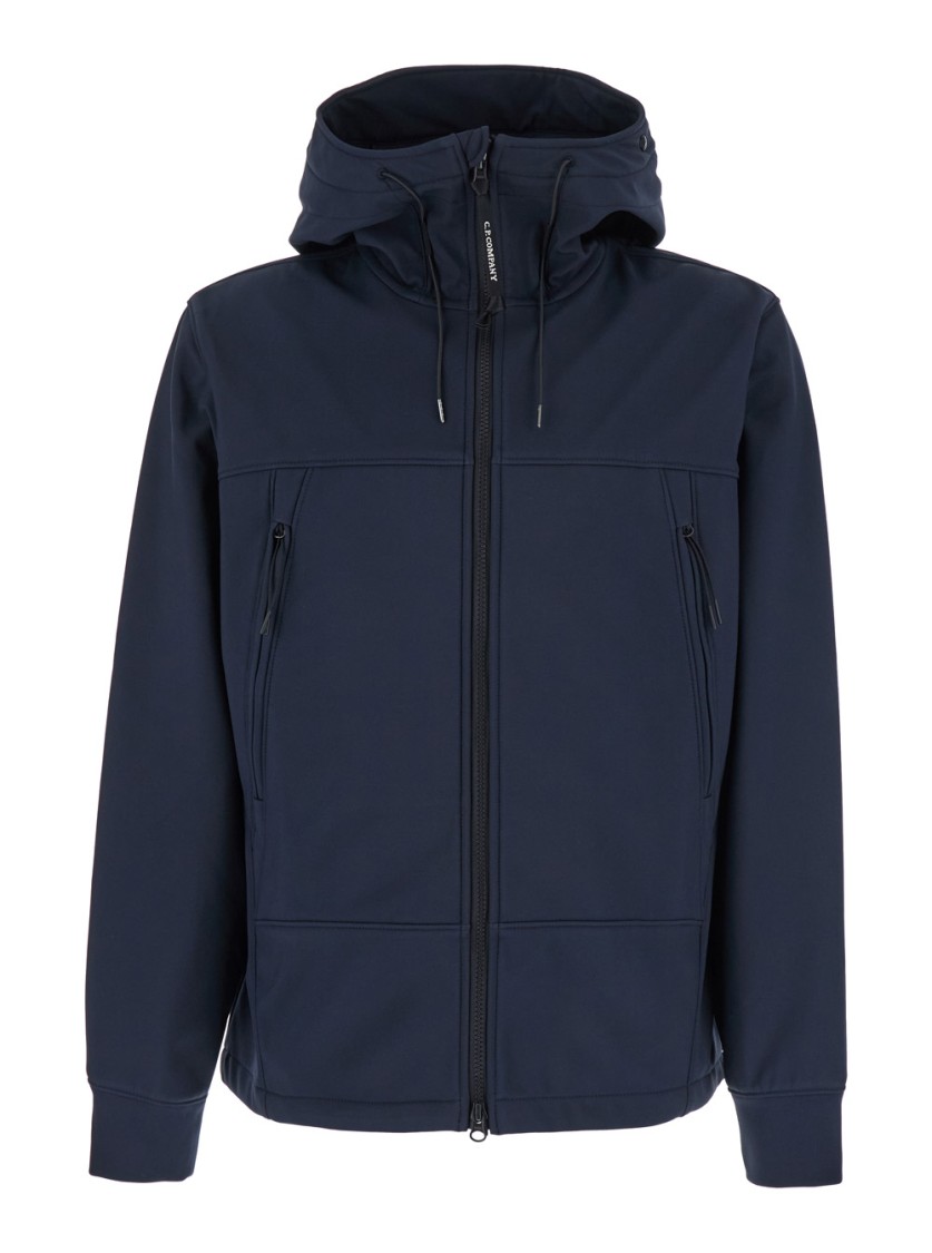 C.p. Company Blue Jacket With Drawstring Hood And Decorative Googles In Blue