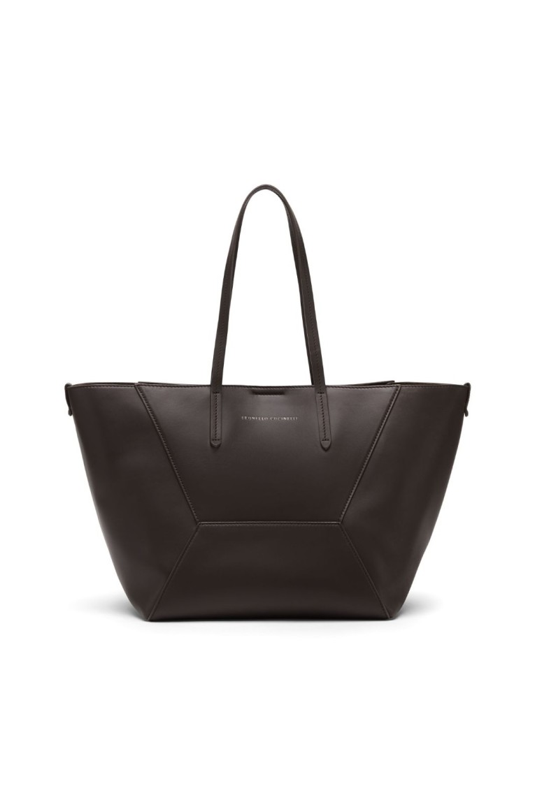 Brunello Cucinelli Geometric Design Leather Tote Bag With Structured Silhouette