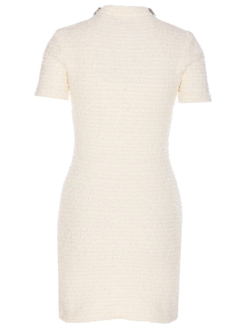 Self-portrait Mini Dress With Knit Tweed Texture And Crystal Accents In Neutral