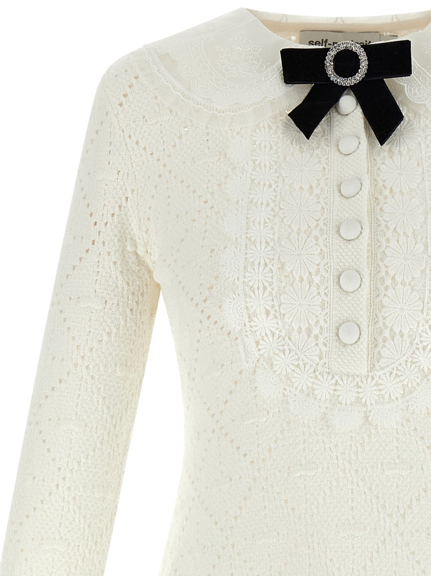 Self-portrait A-line Mini Dress With Velvet Bow In White