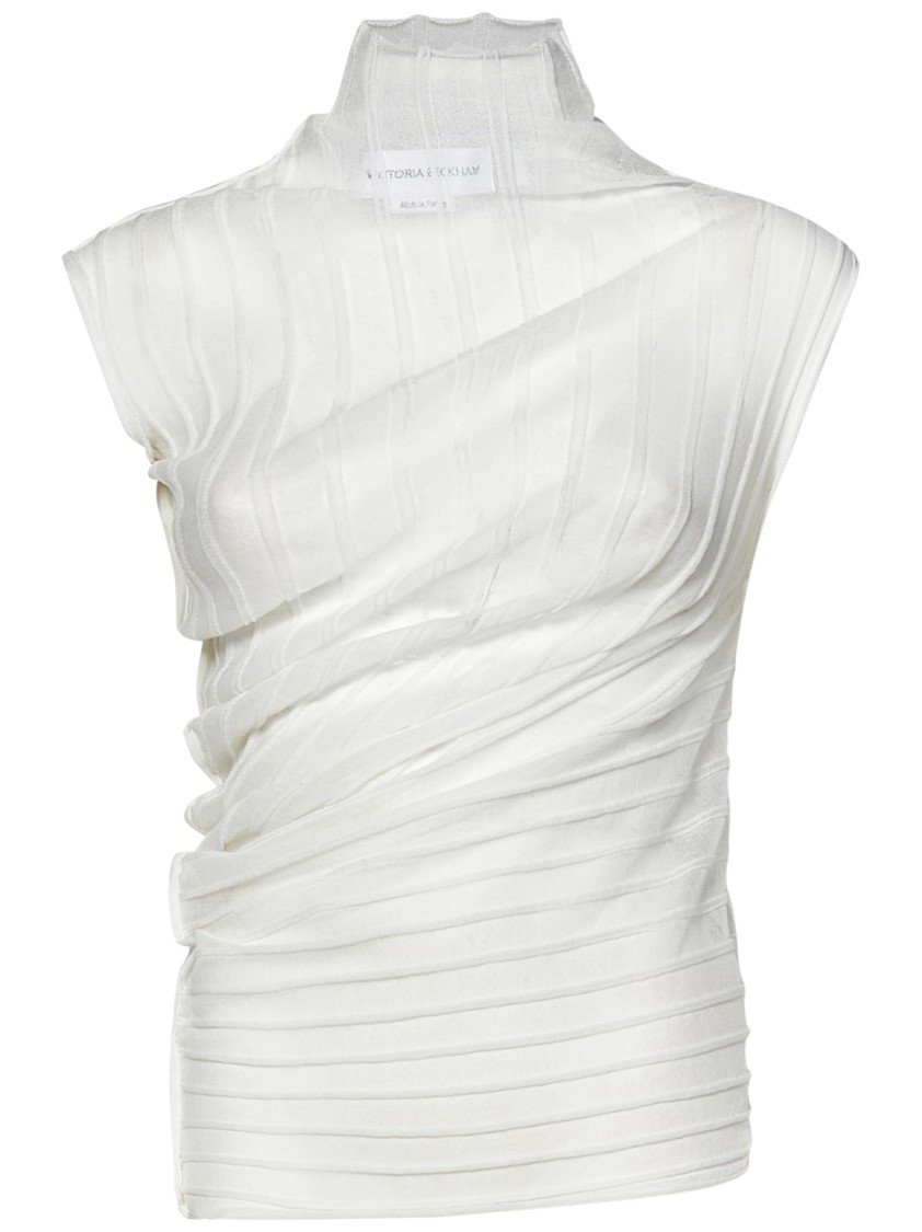 VICTORIA BECKHAM VICTORIA BECKHAM HIGH NECK WHITE TOP IN SEMI-TRANSPARENT RIBBED KNIT