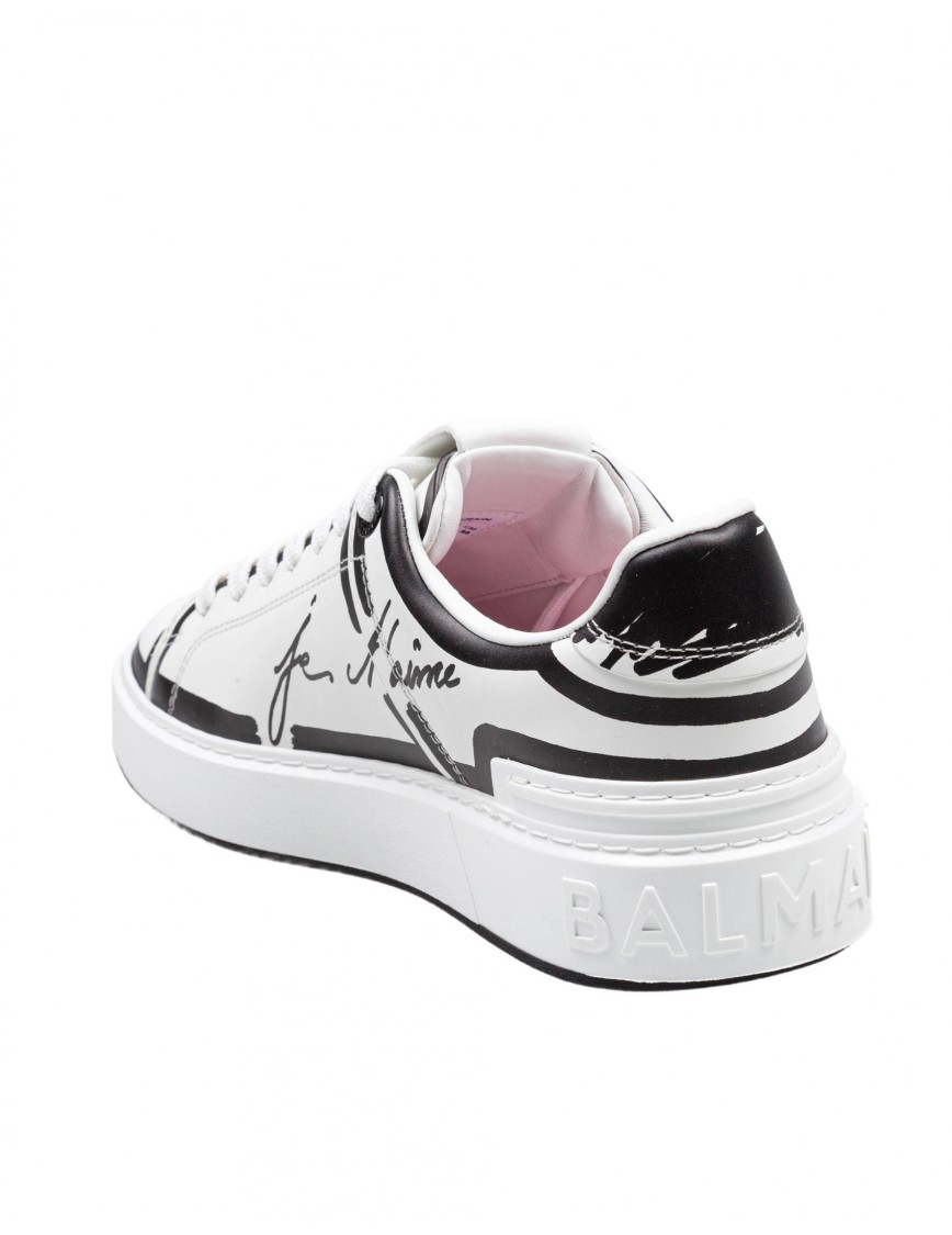 Balmain B-court Calf Leather Sneakers Color Black And White In White