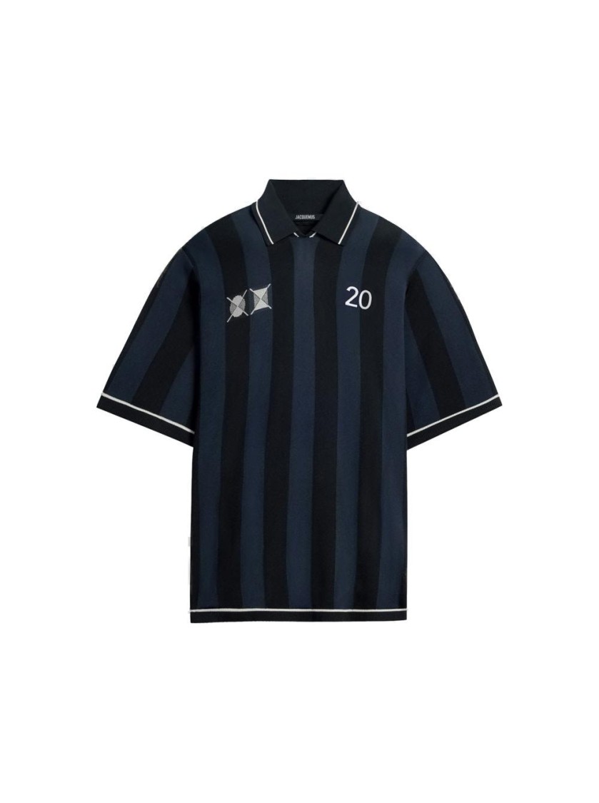 Jacquemus 'le Polo Liga' Blue Shirt With Maxi Rear Print And All-over Striped Motif In Gold