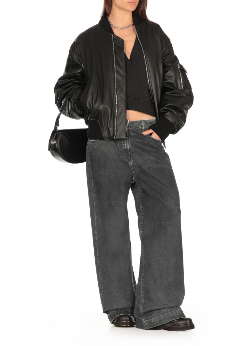 Attico Black Leather Bomber Jacket In Black
