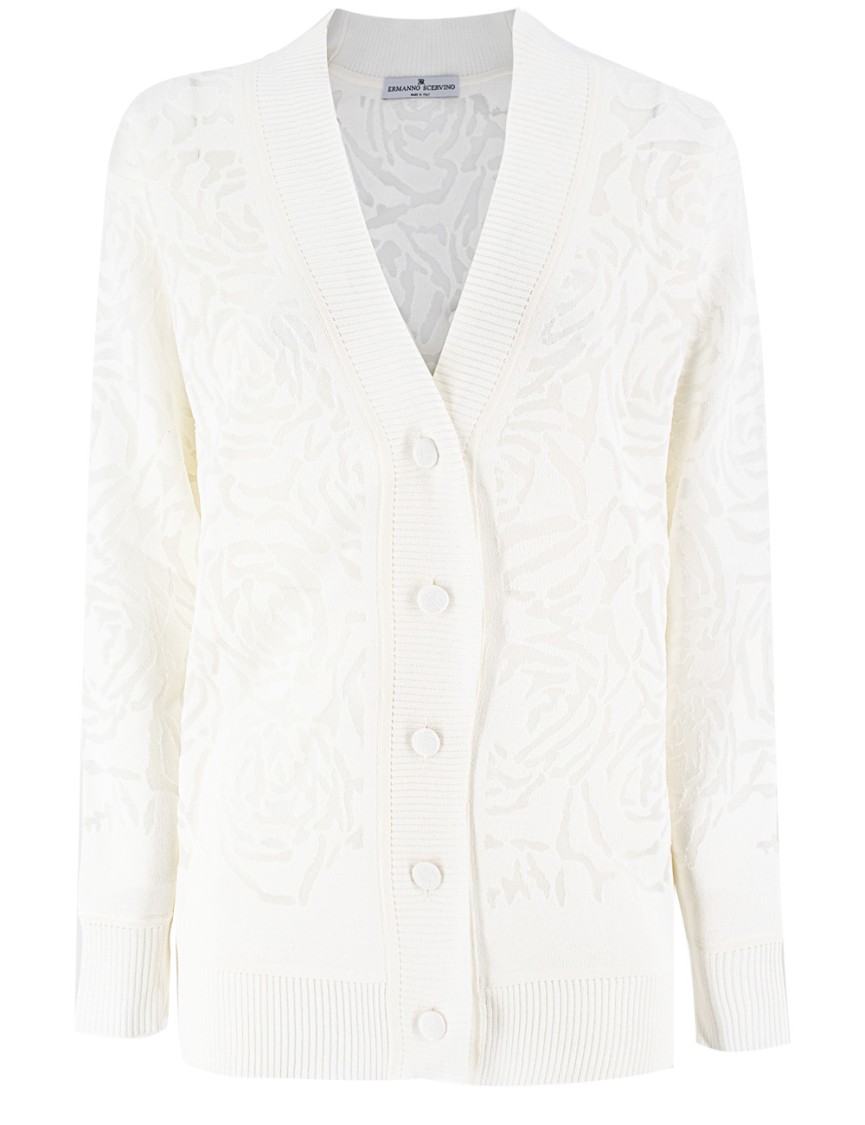 Ermanno Scervino Long-sleeved Cotton Knit Cardigan With Rose Pattern
