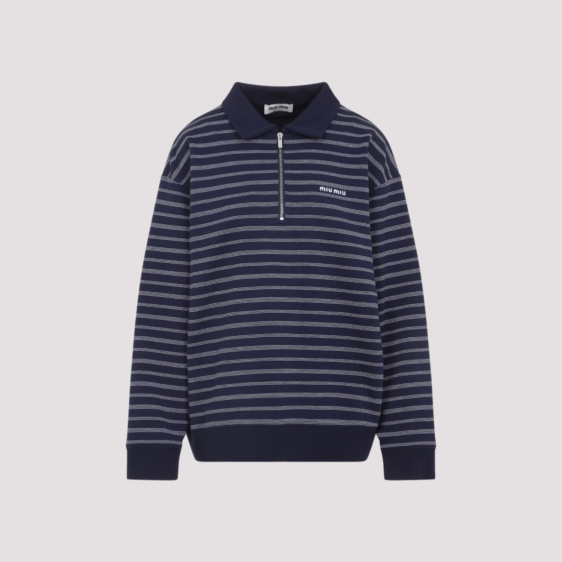 Miu Miu Striped Cotton Sweatshirt With Pointed Collar In Blue
