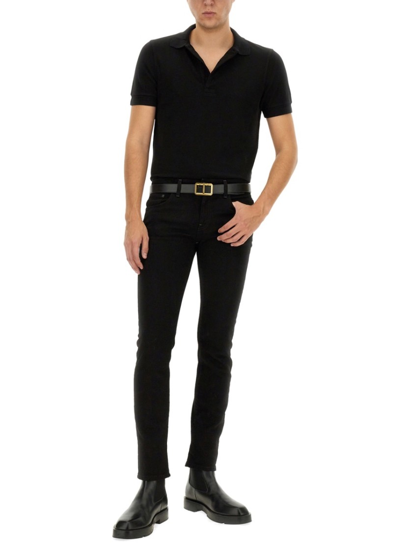 Tom Ford Black Short-sleeves Polo In Cotton Piquet Jersey Man In Black