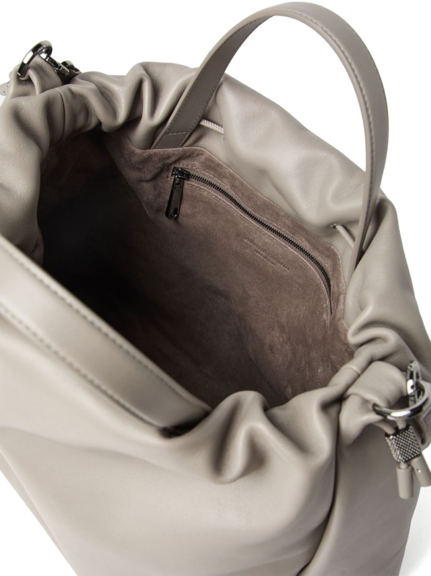 Shop Brunello Cucinelli Gathered Light Grey Calf Leather Bag With Monili Chain Detail