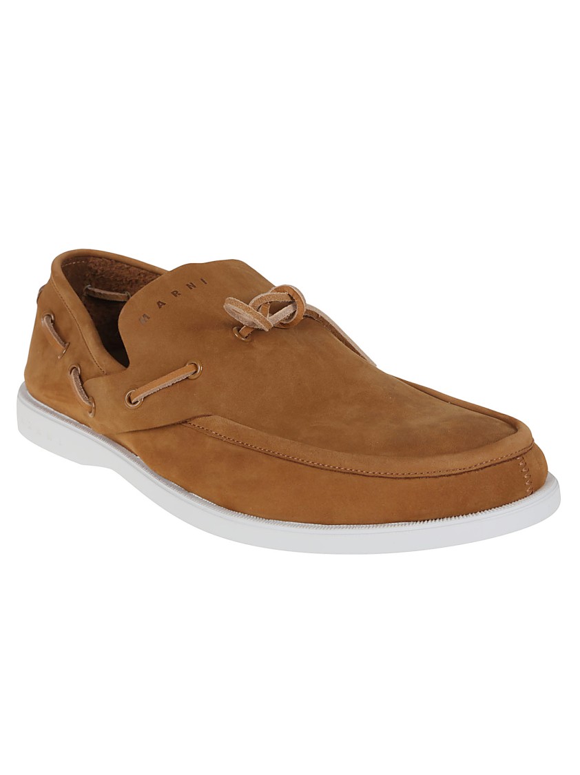 Shop Marni Deconstructed Nubuck Boat Loafers With Leather Laces In Brown