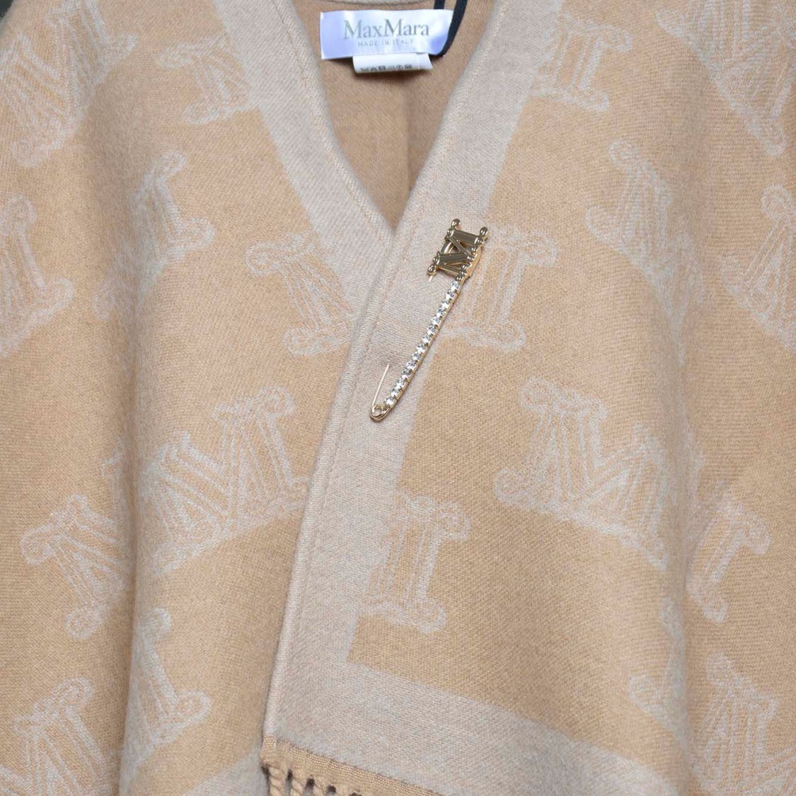 Max Mara Frine Poncho In Camel Jacquard Virgin Wool In Brown