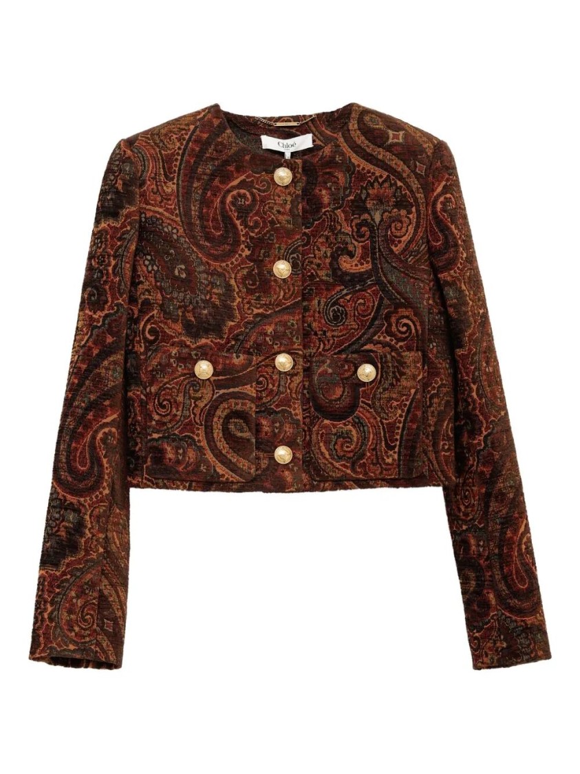 Chloé Multicolor Cropped Jacket With Round Neck And All-over Motif In Cotton Blend Woman In Brown