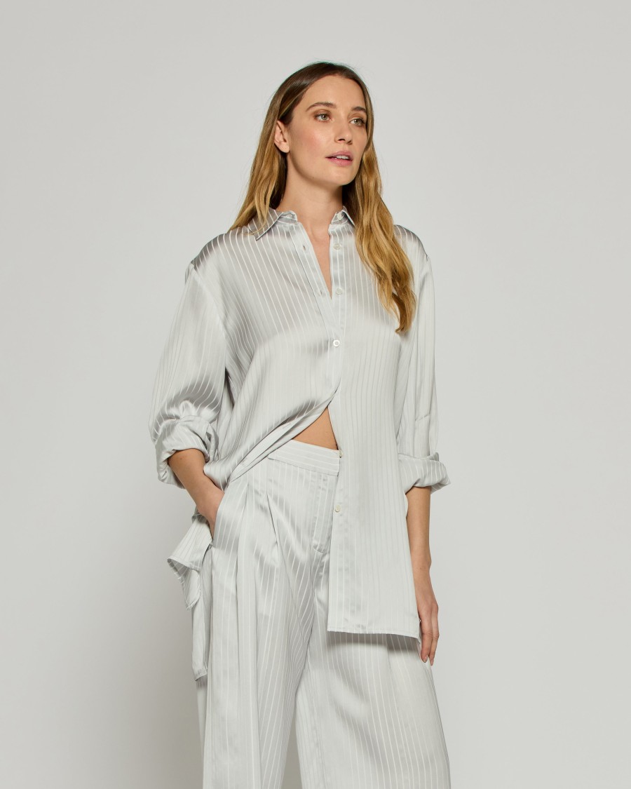Serena Bute Satin Stripe Open Back Shirt - Silver In White