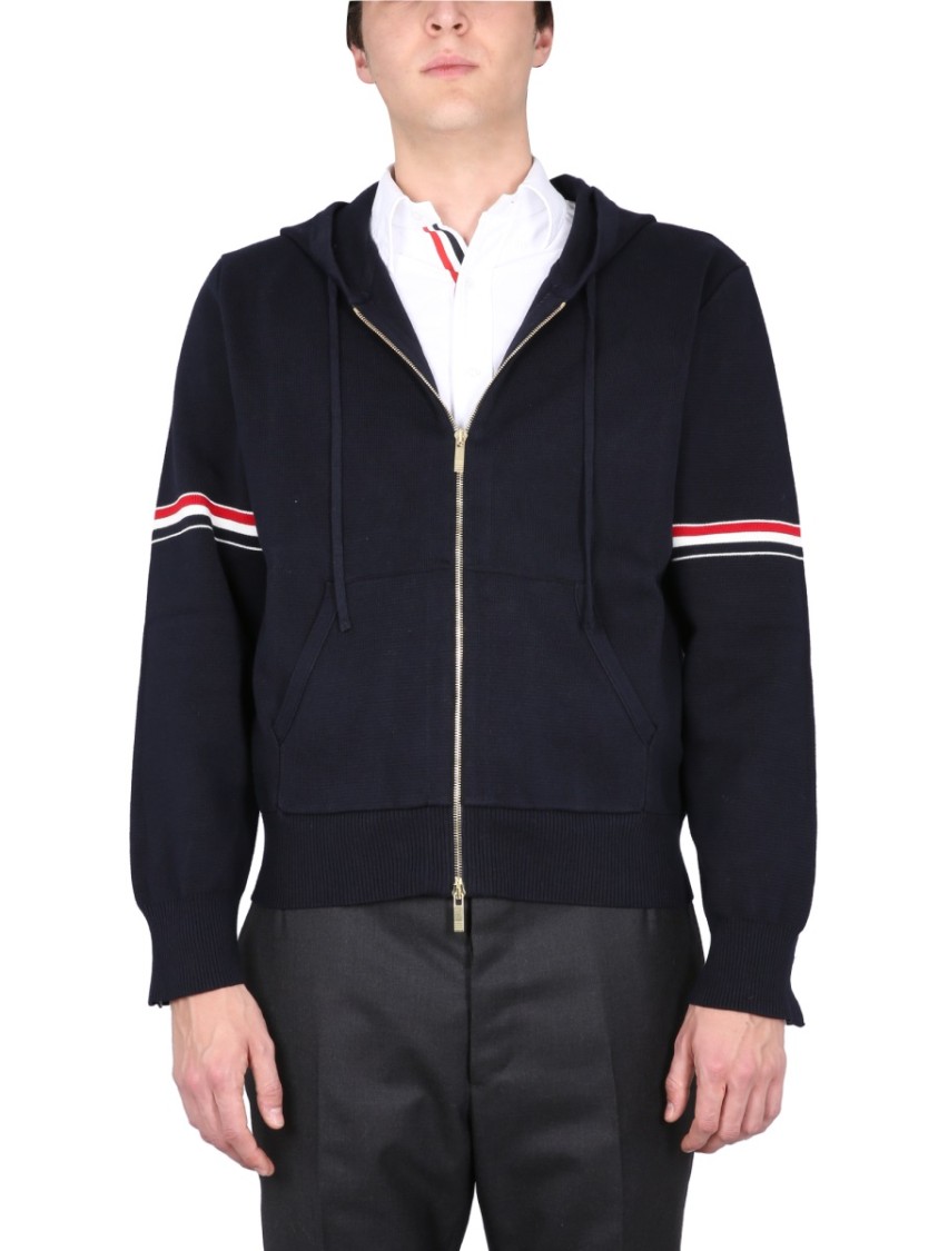 Thom Browne Zip-up Hoodie With Drawstring And Contrast Stripes In Blue