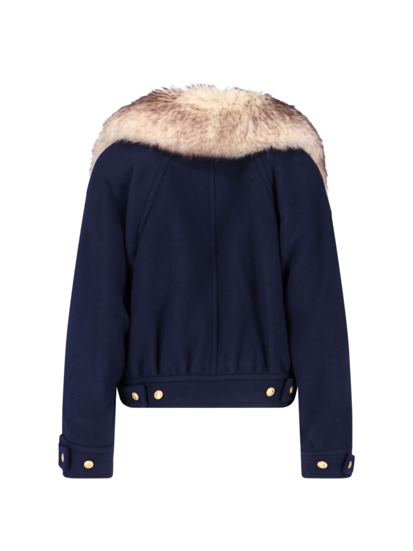 Chloé Double-breasted Fur Collar Gold Buttons Jacket In Blue