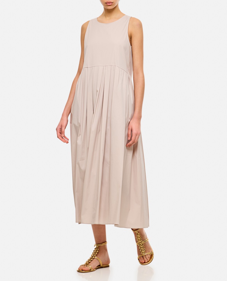 Max Mara Ecru Cotton Poplin Maxi Dress With Pleated Skirt In Neutrals