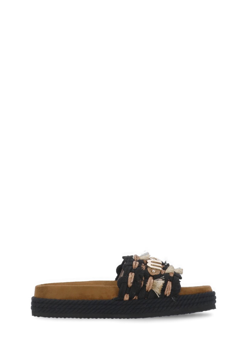Shop Mou Black Leather And Fabric Sandals