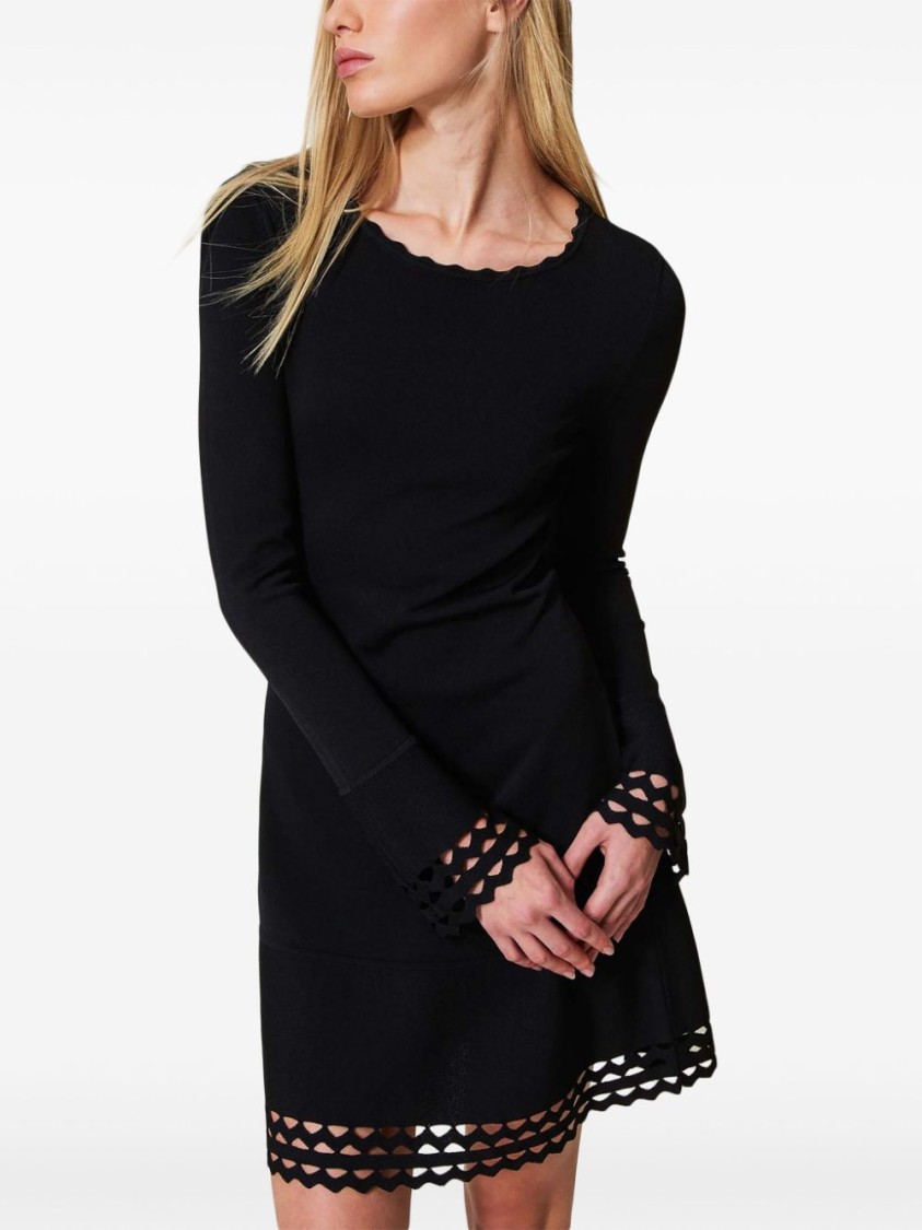 Shop Twinset Twin-set Mini Dress With Scalloped Neckline And Flared Cuffs In Black