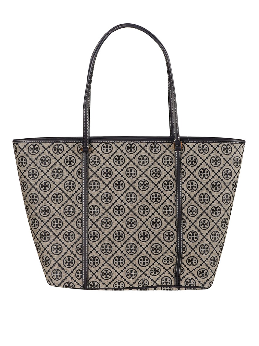 Tory Burch Embroidered Canvas T Monogram Shopping Bag In Gray