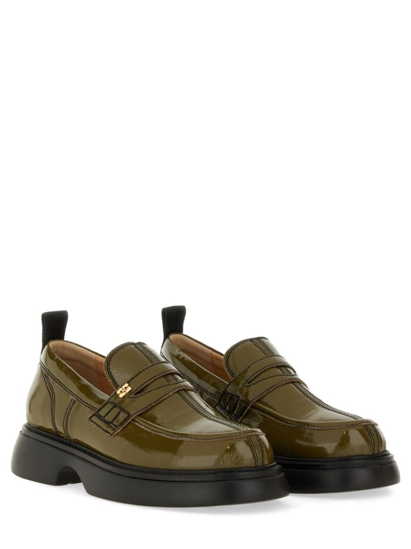 Ganni Logo Loafer Chunky Sole Glossy Finish In Green