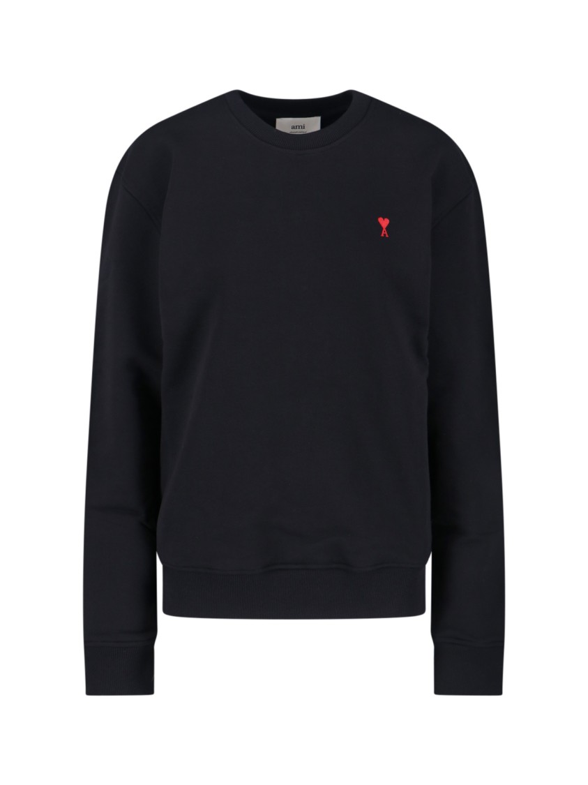 Ami Alexandre Mattiussi Ami Crewneck Sweatshirt With Red Logo Embroidery And Ribbed Finishes In Blue