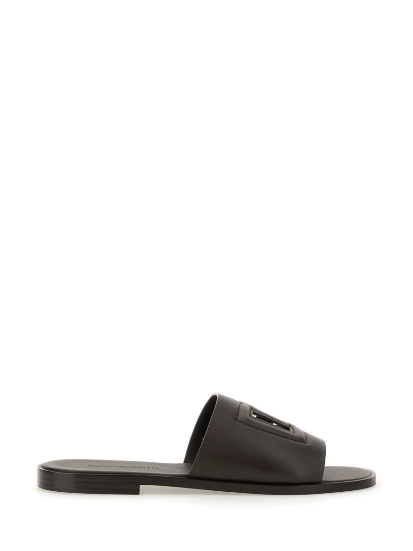 Dolce & Gabbana Black Sandals With Dg Logo Cut-out In Leather Man In Blue