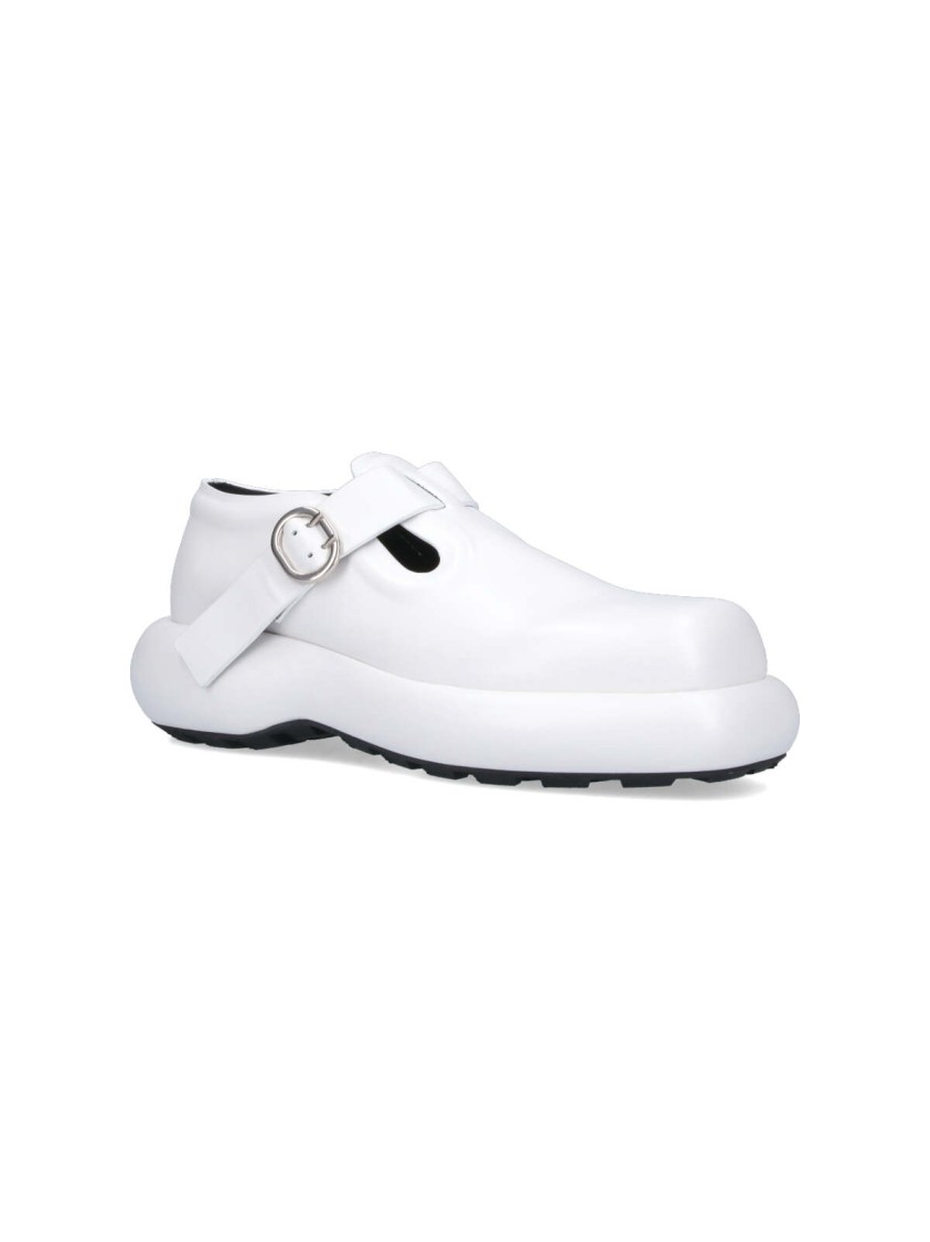 Shop Jil Sander White Leather Buckle Detail Loafers