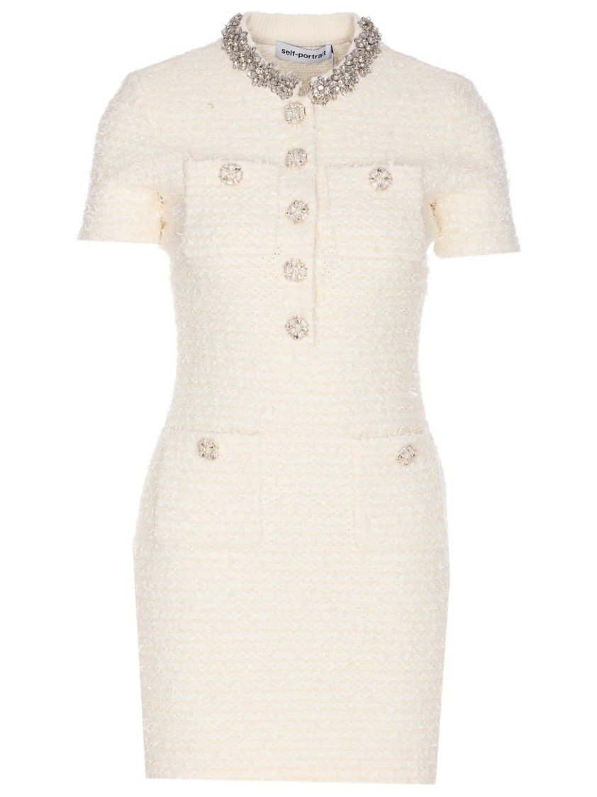 Self-portrait Mini Dress With Knit Tweed Texture And Crystal Accents In Neutral