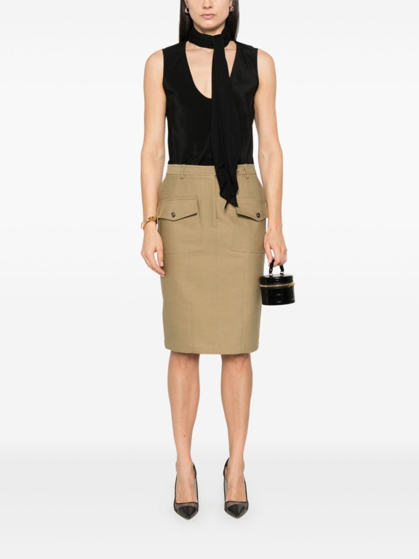 Tom Ford Stretch Cotton Twill Midi Skirt In Brown