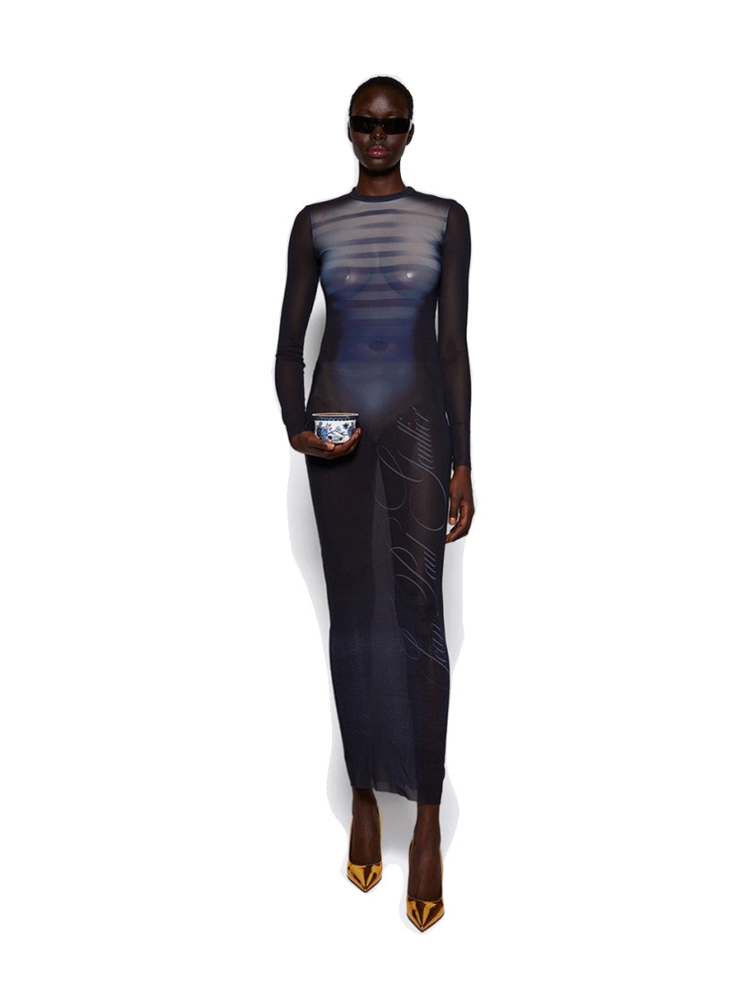 Shop Jean Paul Gaultier Le Male Printed Mesh Crew Neck Long Dress Navy In Blue