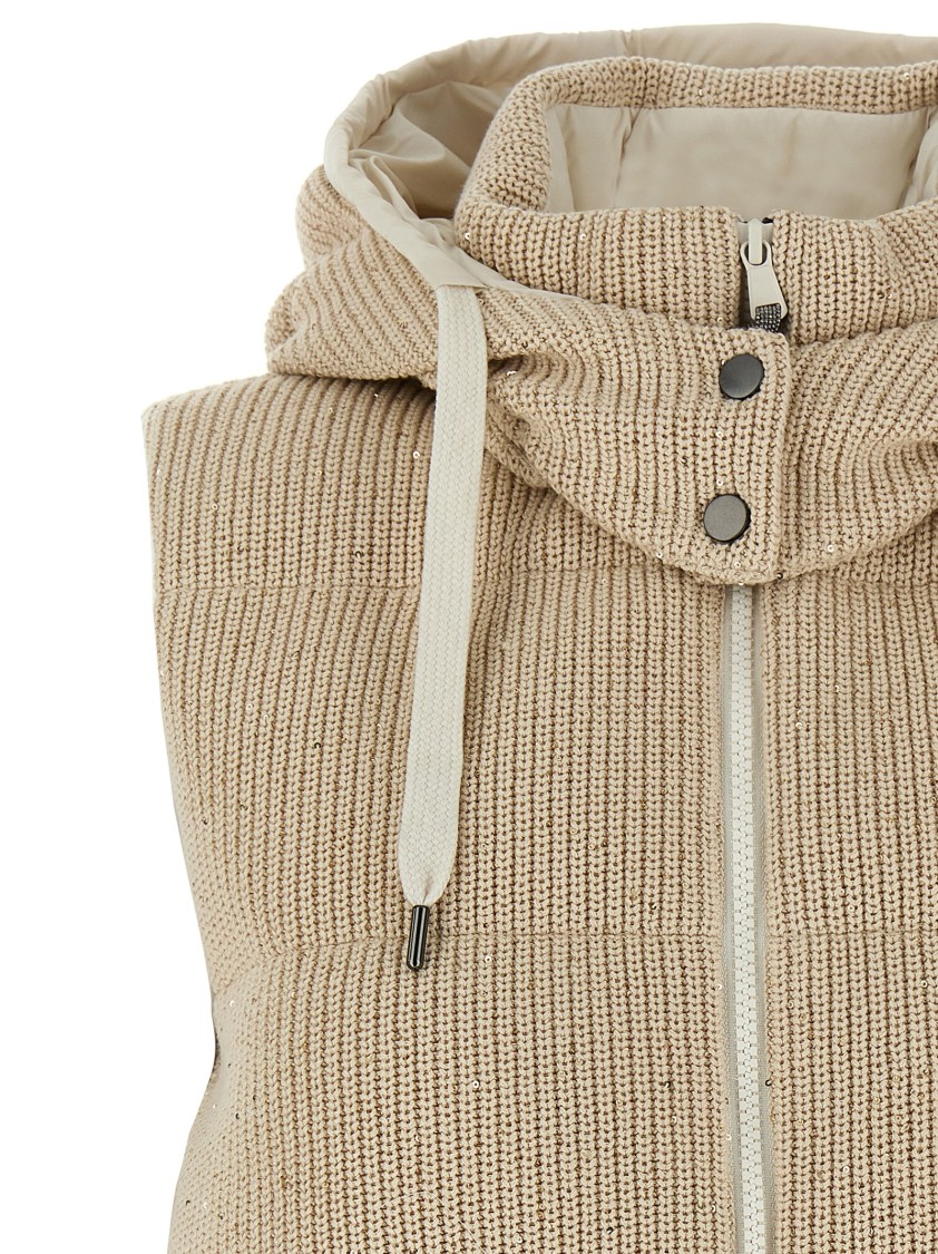 Brunello Cucinelli Cotton Knit Vest With Down Padding And Removable Hood In Neutral