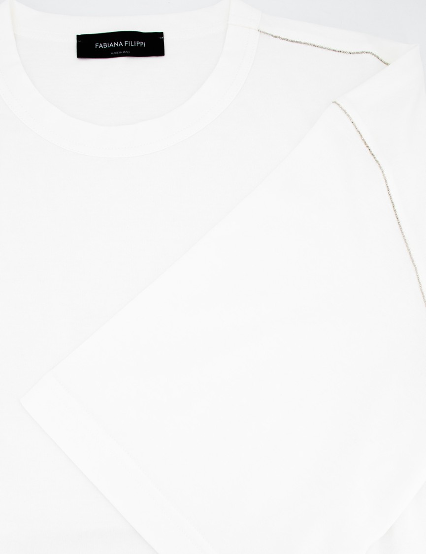 Fabiana Filippi White Cotton Jersey T-shirt With Diamond Thread Embroidery In White