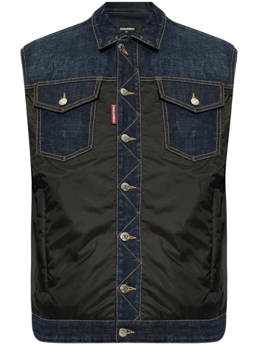 DSQUARED2 DSQUARED2 SLEEVELESS DENIM JACKET WITH CONTRASTING FABRIC AND CHEST POCKETS