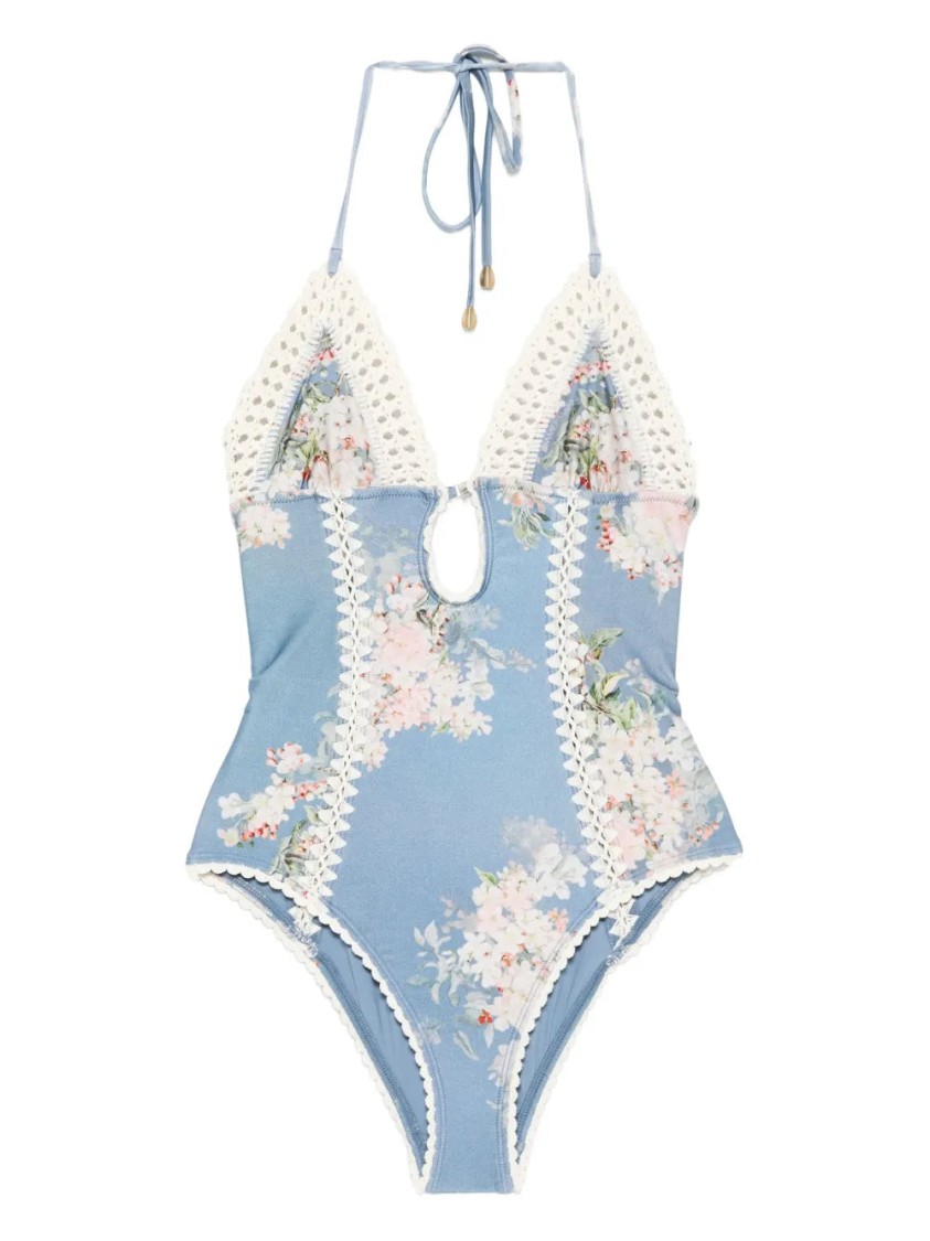 Zimmermann `cascadian Keyhole` Crochet One-piece Swimsuit In Blue