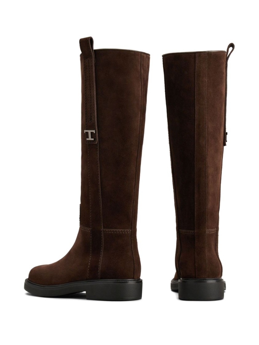Tod's Long Brown Leather Boots With Strap Detail In Brown