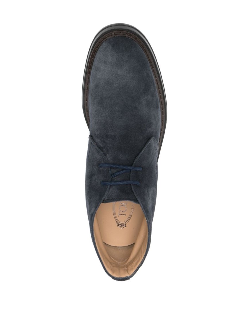 Tod's Almond Toe Front Lace-up Flat Shoes In Midnight Blue Suede In Black