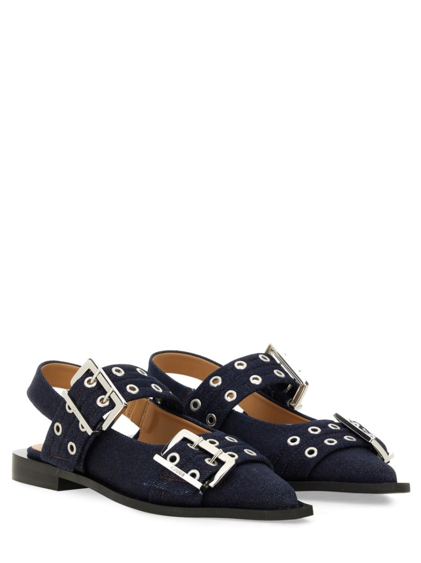 Ganni Buckled Eyelet-embellished Recycled Denim Ballet Flats In Blue