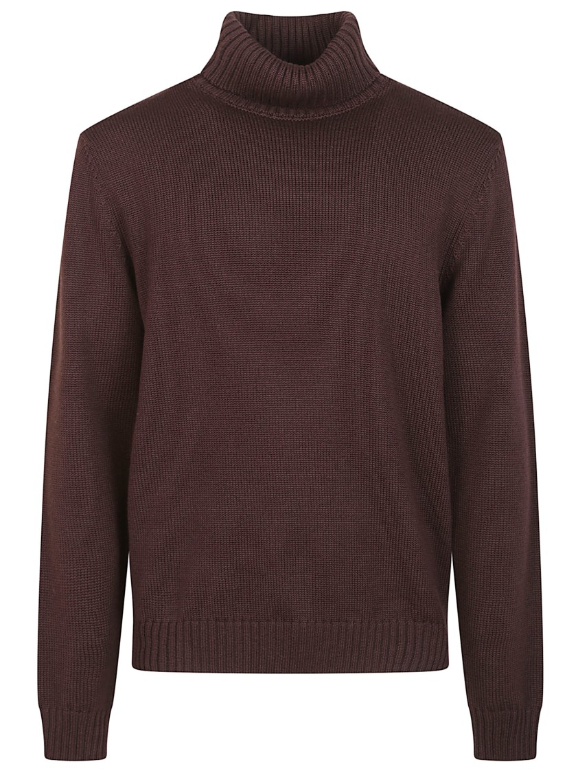 Zanone High-neck Brown Wool Sweater With Ribbed Detailing In Brown
