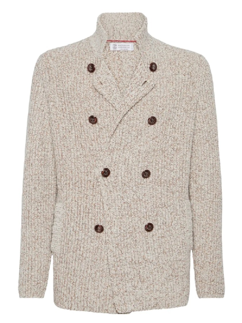Brunello Cucinelli Textured Knit Double-breasted Jacket With High Collar In Neutral