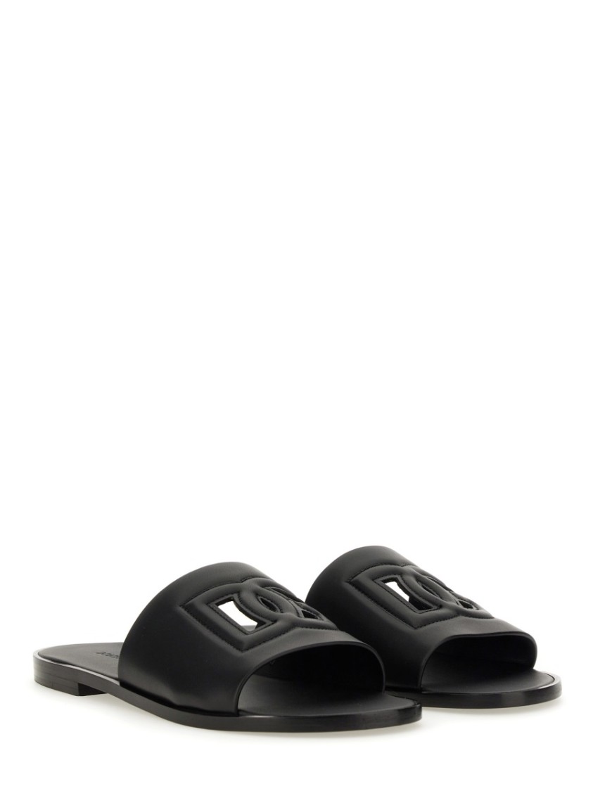 Dolce & Gabbana Black Sandals With Dg Logo Cut-out In Leather Man In Black