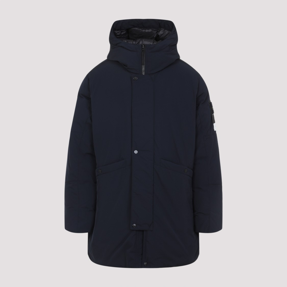 Stone Island Black Hooded Coat With Relaxed Silhouette In Blue