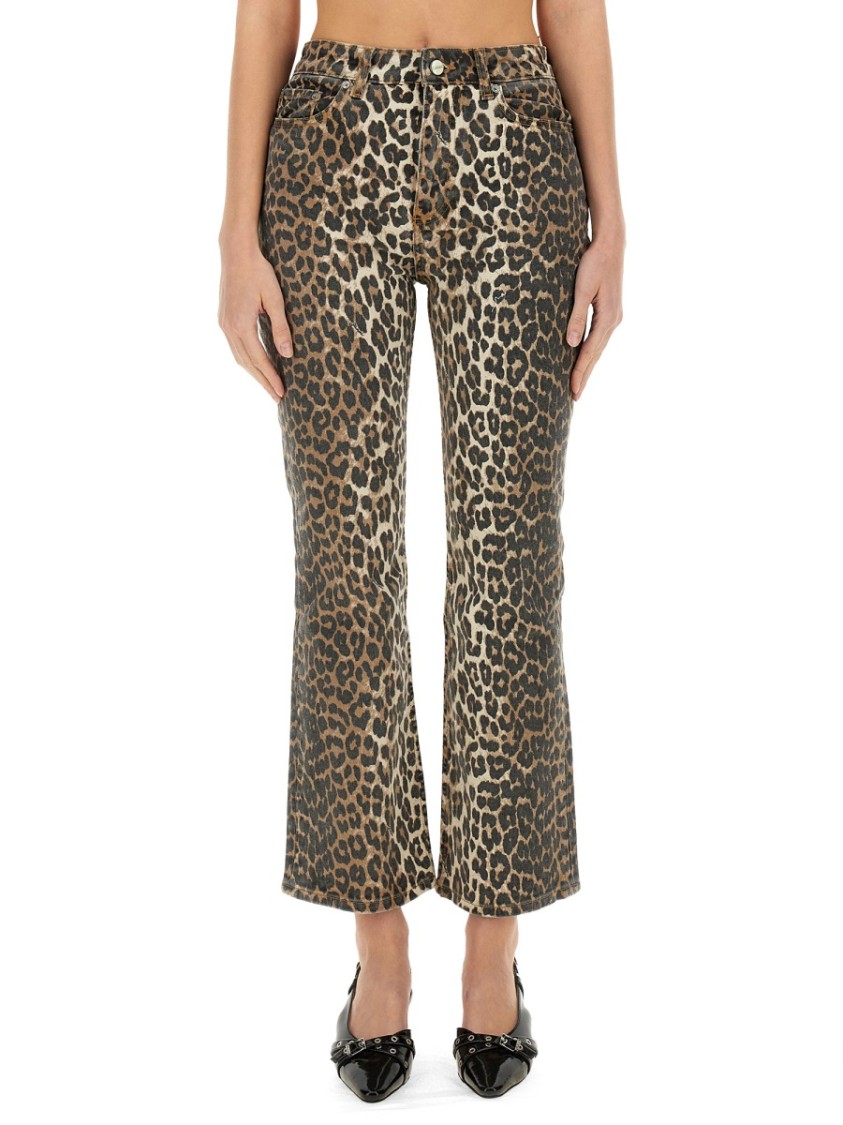 Ganni Womens Izey Leopard-print Mid-rise Straight-leg Organic-cotton Blend Stretch-denim Jeans In Brown