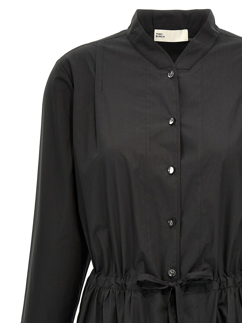 Tory Burch Cotton Chemisier Dress With Drawstring Waist In Black